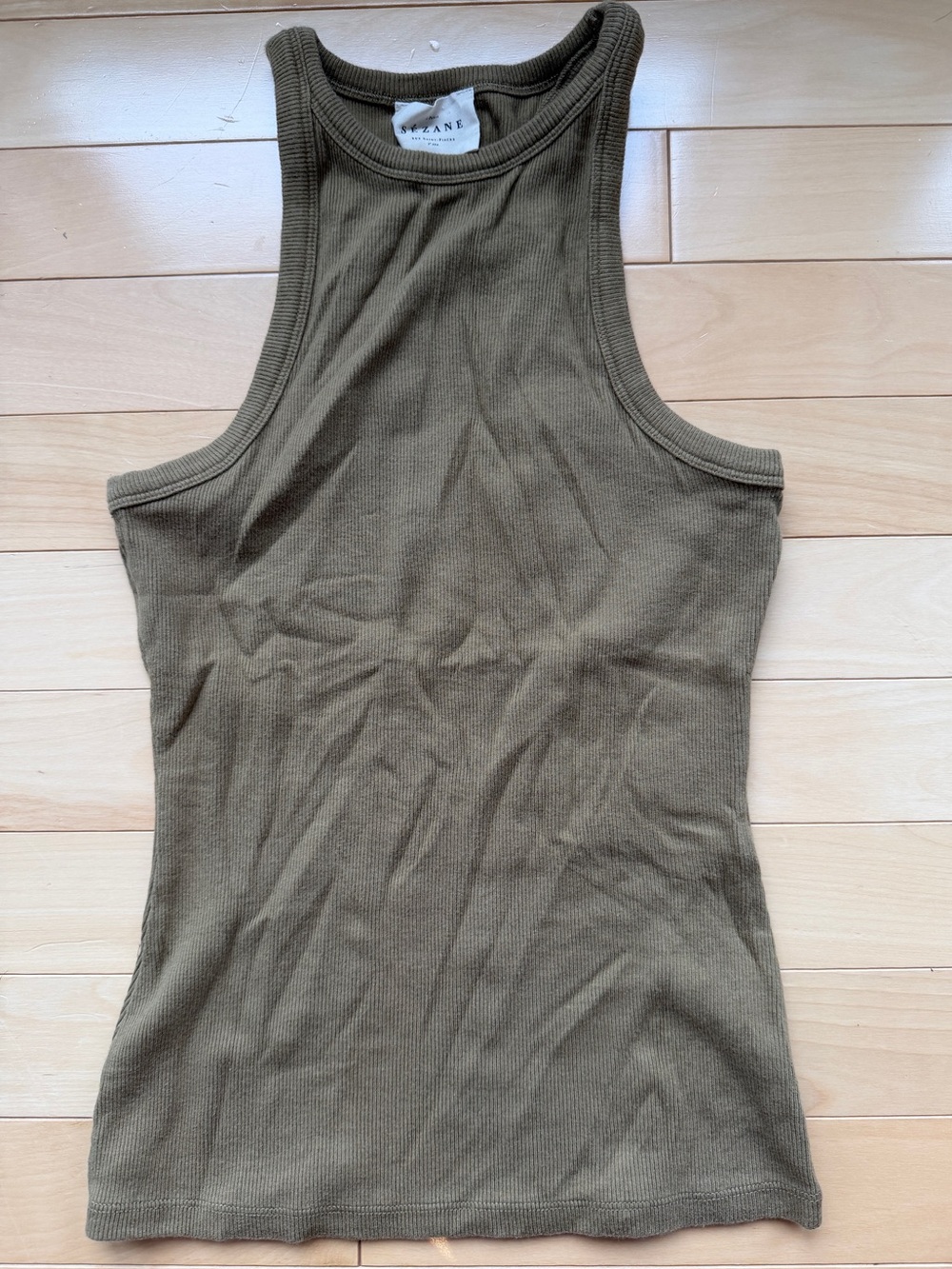 Sezane Marcelo Ribbed Tank Top Racerback Organic Cotton XS olive green